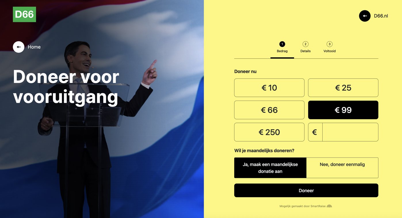 D66 donation form on SmartRaise, headed Doneer voor vooruitgang, with amounts from 10 to 250 euros and an option to give monthly