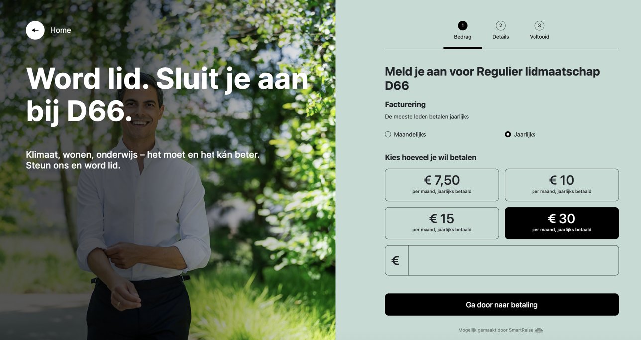 D66 membership sign-up form on SmartRaise, headed Word lid. Sluit je aan bij D66, with amounts from 7.50 to 30 euros a month